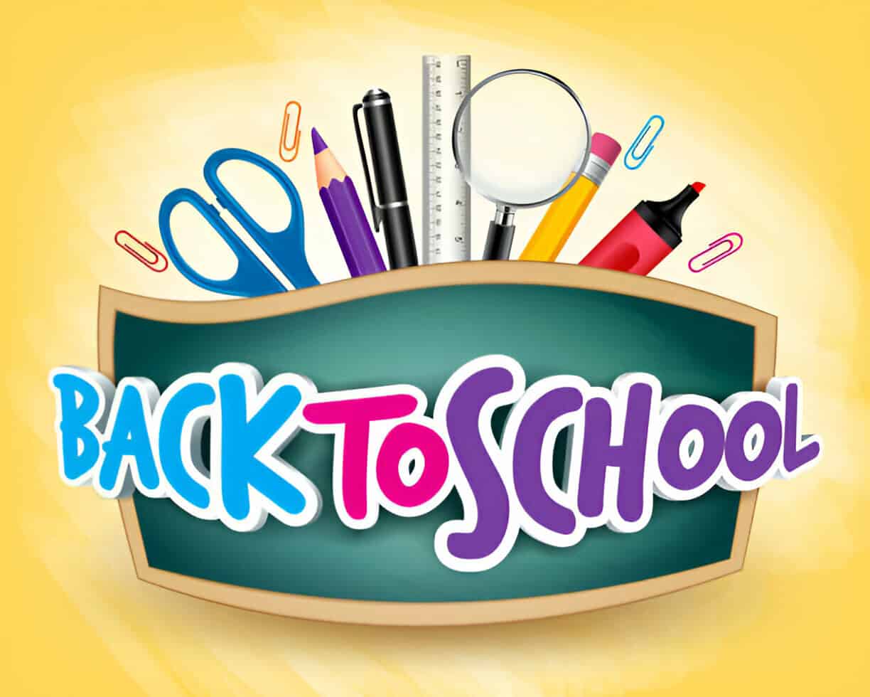 back to school text with school supplies behind text